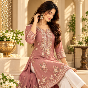 Dusty Rose Floral Embroidered Kurti