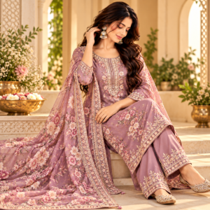 Mauve Floral Embroidered Three-Piece Suit Set