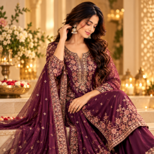 Royal Plum Embroidered Party Wear Suit