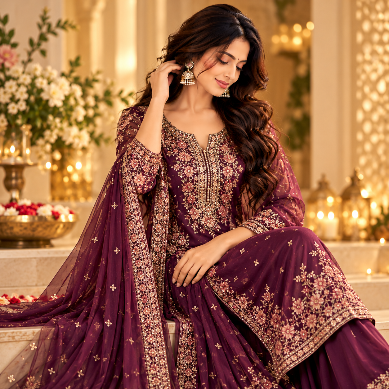 Royal Plum Embroidered Party Wear Suit